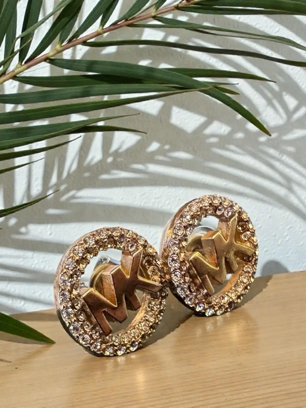 MICHAEL KORS Gold Tone Crystal MK Logo Stud Earrings